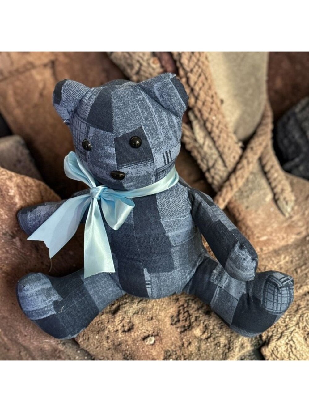 Handmade Patchwork Denim Teddy Bear With Light Blue Bow – Unique Gift Or Decor